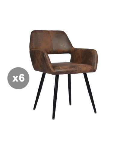 Lot de 6 chaises retro industriel en microfibre marron