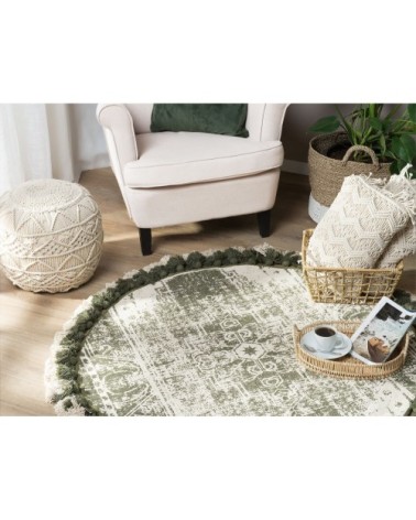 Tapis rond à franges blanc crème et vert D120cm