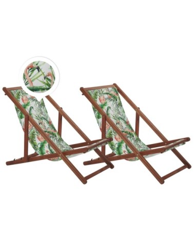 Lot de 2 chiliennes en bois foncé et tissu motif flamants