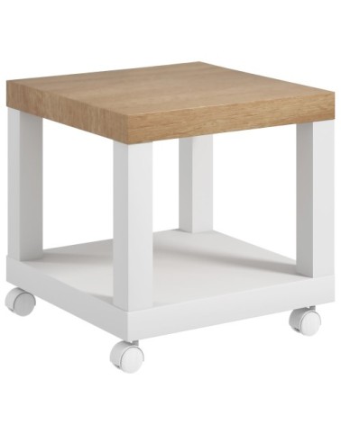 Table d'appoint roulante avec étagère ouverte mdf naturel et blanc