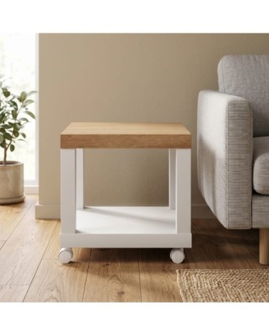 Table d'appoint roulante avec étagère ouverte mdf naturel et blanc