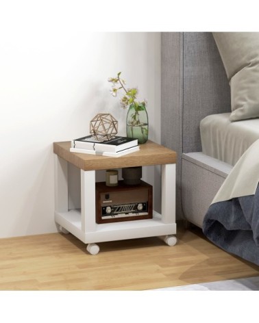 Table d'appoint roulante avec étagère ouverte mdf naturel et blanc
