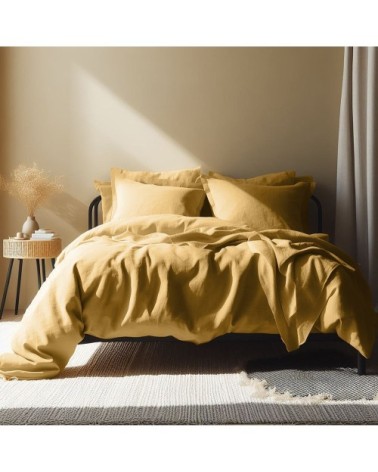 Housse de couette lin lavé jaune curcuma 260x240