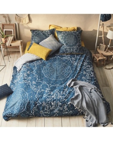 Parure de lit 2 personnes en coton 57 fils imprimé bleu 260x240cm