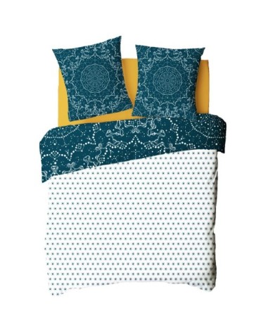 Parure de lit 2 personnes en coton 57 fils imprimé bleu 260x240cm