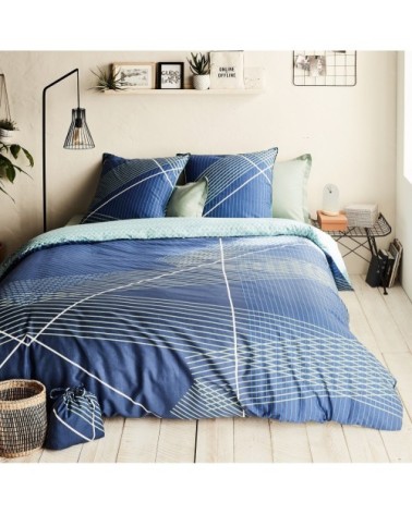 Parure de lit 2 personnes en coton 57 fils imprimé bleu 260x240cm