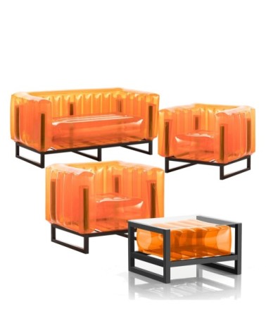 Salon de jardin design 1 canapé, 2 fauteuils et table basse orange