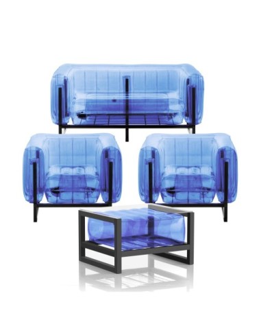 Salon de jardin design 1 canapé, 2 fauteuils et table basse bleu