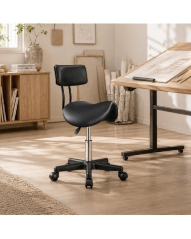 Tabouret de selle pu réglable pivotant à roulettes avec dossier noir