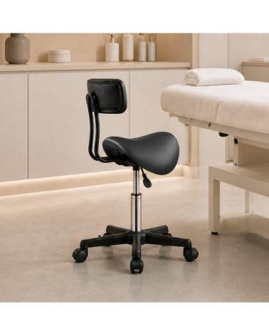 Tabouret de selle pu réglable pivotant à roulettes avec dossier noir