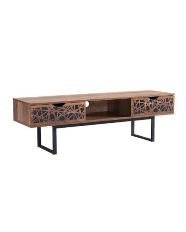 Meuble TV 2 tiroirs et 1 niche effet bois et motifs noir - L140 cm