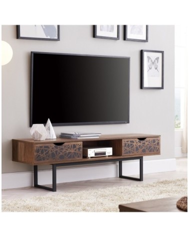 Meuble TV 2 tiroirs et 1 niche effet bois et motifs noir - L140 cm
