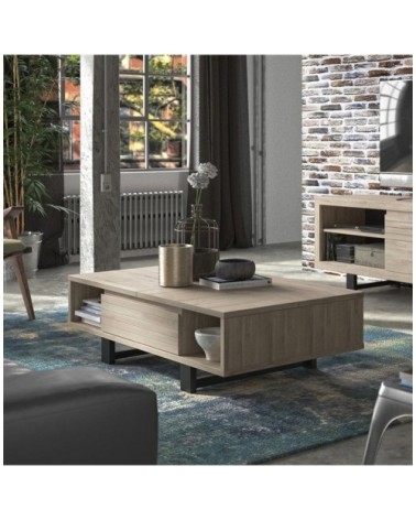 Table basse couleur chêne 1 tiroir avec pieds en métal noir