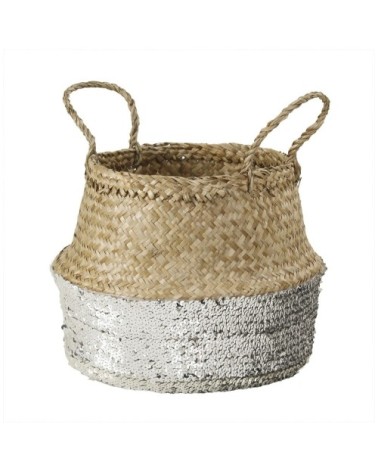 Panier rond tressé jonc de mer en sequin - Argent