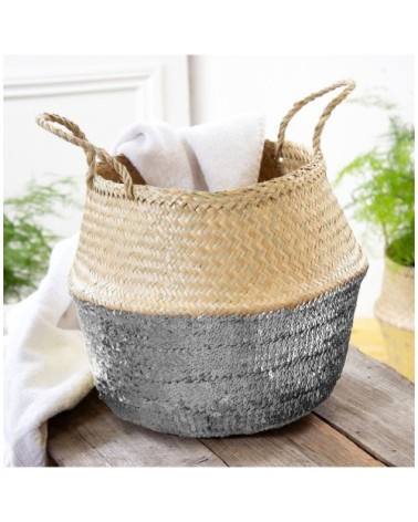 Panier rond tressé jonc de mer en sequin - Argent