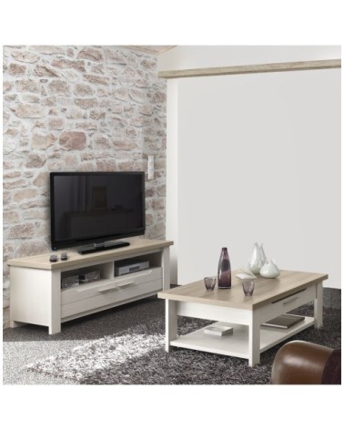 Table basse avec 1 tiroir et 1 tablette de rangement - Blanc