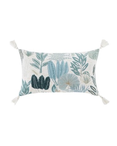 Coussin en coton et lin imprimé bleu canard, bleu vert et bleu gris avec pompons écrus 30x50