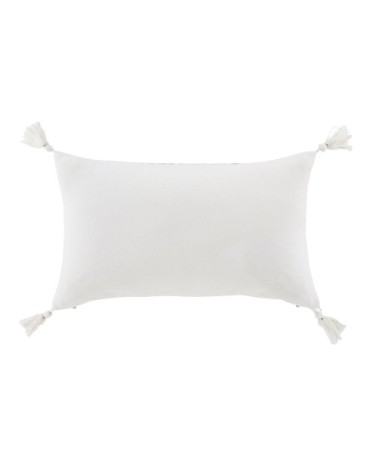 Coussin en coton et lin imprimé bleu canard, bleu vert et bleu gris avec pompons écrus 30x50