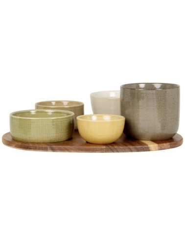 Coupelles apéritives en céramique verte, jaune et beige (x5) plateau en bois d'acacia