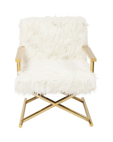 Fauteuil fausse fourrure blanche et acier doré