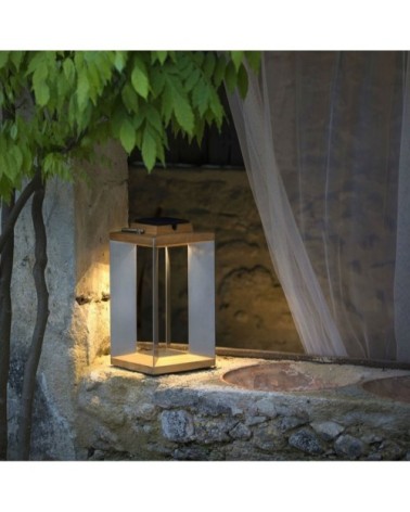 Lanterne d'extérieur LED rechargeable & solaire bois/inox H45,5cm
