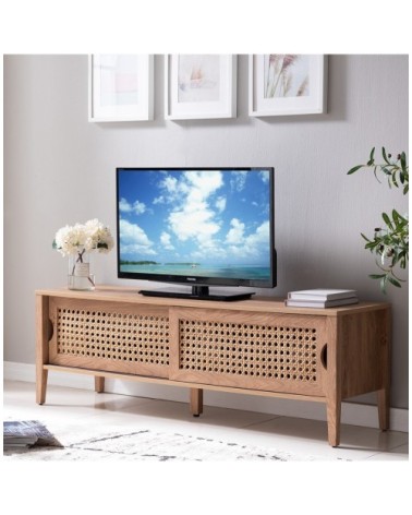 Meuble TV avec 2 Portes Coulissantes Décor Rotin - L138 cm