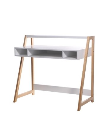 Bureau avec espace de rangement en pin massif verni - Blanc