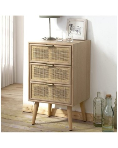 Commode 3 Tiroirs Façade en Cannage Rotin Naturel