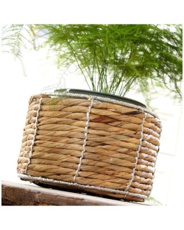 Panier en jacinthe d'eau rond armature métal - 26 x 17 cm - Beige