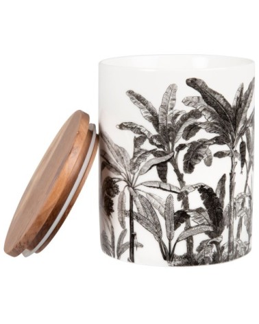 Pot en porcelaine blanche et noire imprimé palmes et couvercle en acacia H15