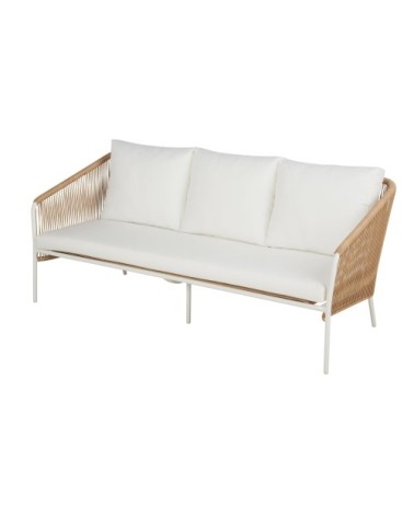 Canapé de jardin 3 places en résine recyclée beige et acier blanc