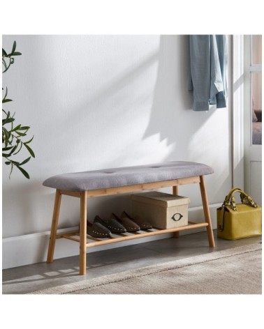 Banc avec assise en tissu gris et structure en bambou