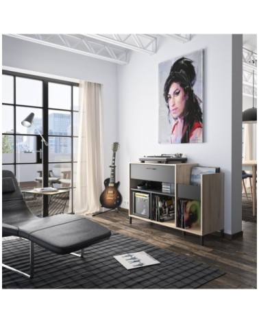 Meuble de rangement vinyles 1 tiroir style industriel - Marron et noir