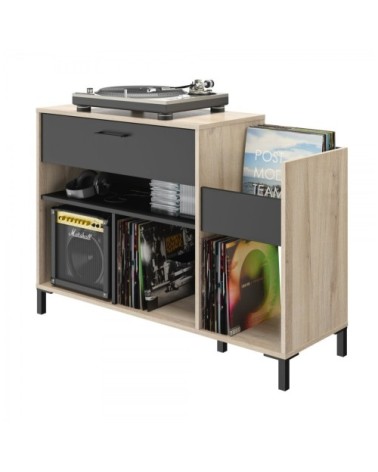 Meuble de rangement vinyles 1 tiroir style industriel - Marron et noir