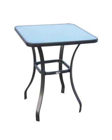 Table carrée bistro de jardin métal gris plateau verre trempé granité