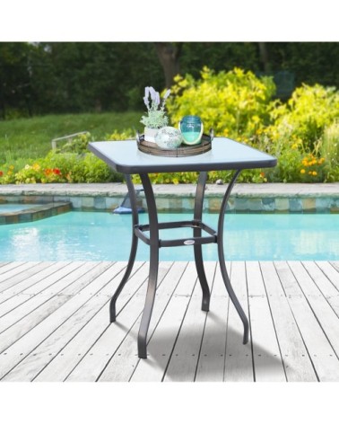 Table carrée bistro de jardin métal gris plateau verre trempé granité