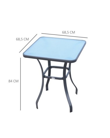 Table carrée bistro de jardin métal gris plateau verre trempé granité