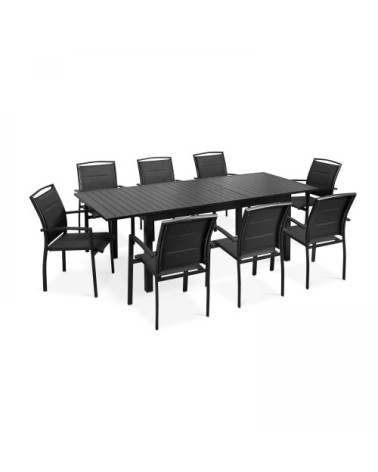 Ensemble table de jardin extensible et 8 fauteuils en aluminium noir