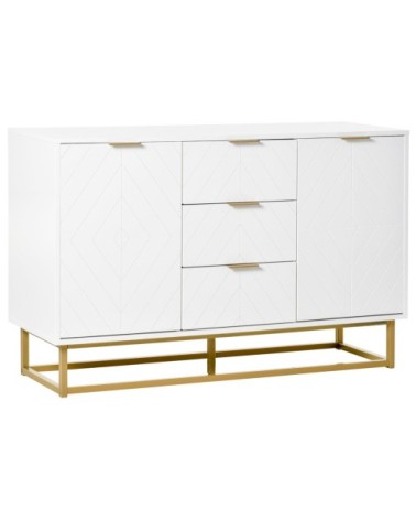 Buffet design contemporain graphique 2 portes 3 tiroirs blanc doré