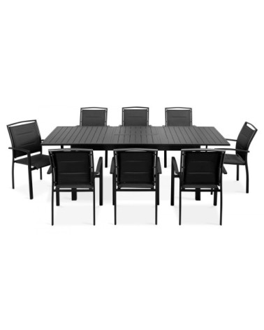 Ensemble table de jardin extensible et 8 fauteuils en aluminium noir