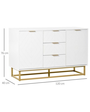 Buffet design contemporain graphique 2 portes 3 tiroirs blanc doré