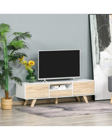 Meuble TV style scandinave 2 portes niche tiroir blanc chêne clair