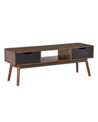 Meuble TV bas sur pieds style scandinave 2 tiroirs aspect noyer