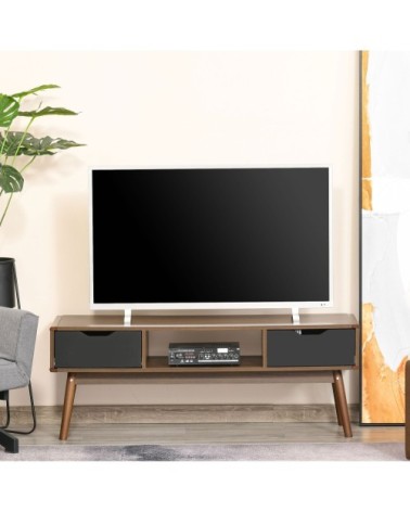 Meuble TV bas sur pieds style scandinave 2 tiroirs aspect noyer