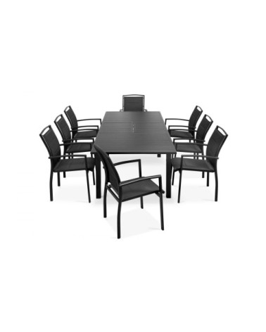 Ensemble table de jardin extensible et 8 fauteuils en aluminium noir