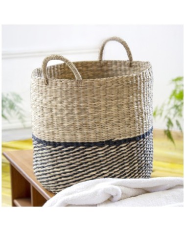 Panier rond en jonc de mer - Beige et noir