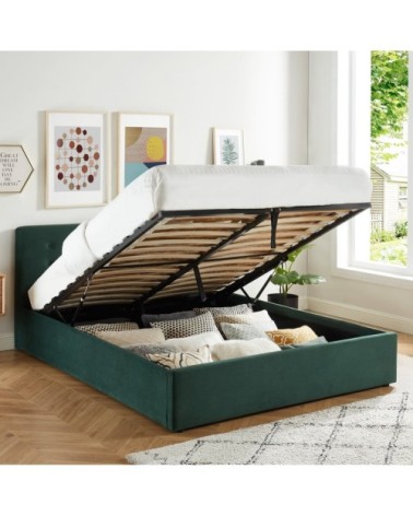 Lit coffre velours vert 160x200 avec sommier et tête de lit