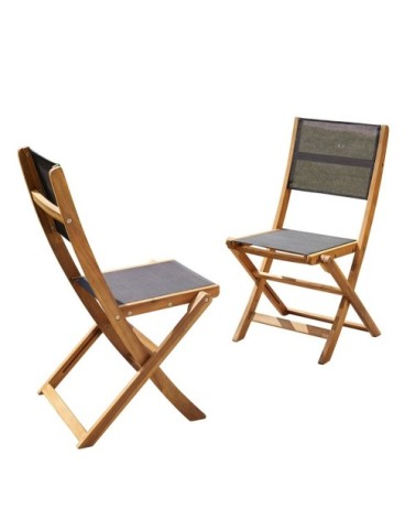 Chaise de jardin en acacia massif et textilène noir pliante (lot de 2)