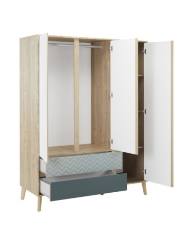 Armoire 3 portes 2 tiroirs Enfant Blanc et bleu 153x200