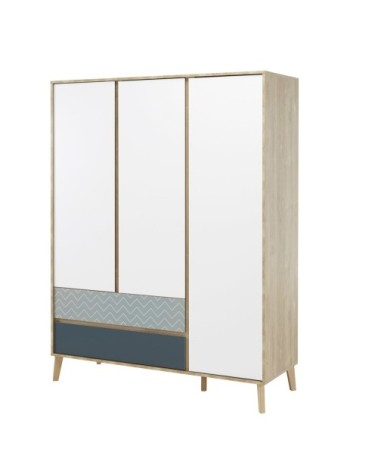 Armoire 3 portes 2 tiroirs Enfant Blanc et bleu 153x200